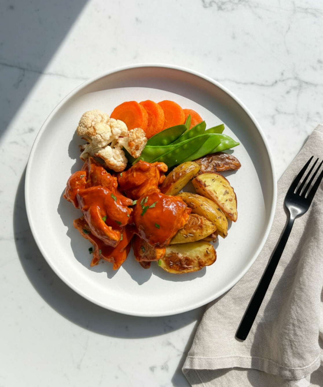 Buffalo Chicken with Roasted Cauliflower, Carrots, Snow Peas, Blue Cheese Buttermilk Dressing & Roasted Rosemary Potatoes (Signature)