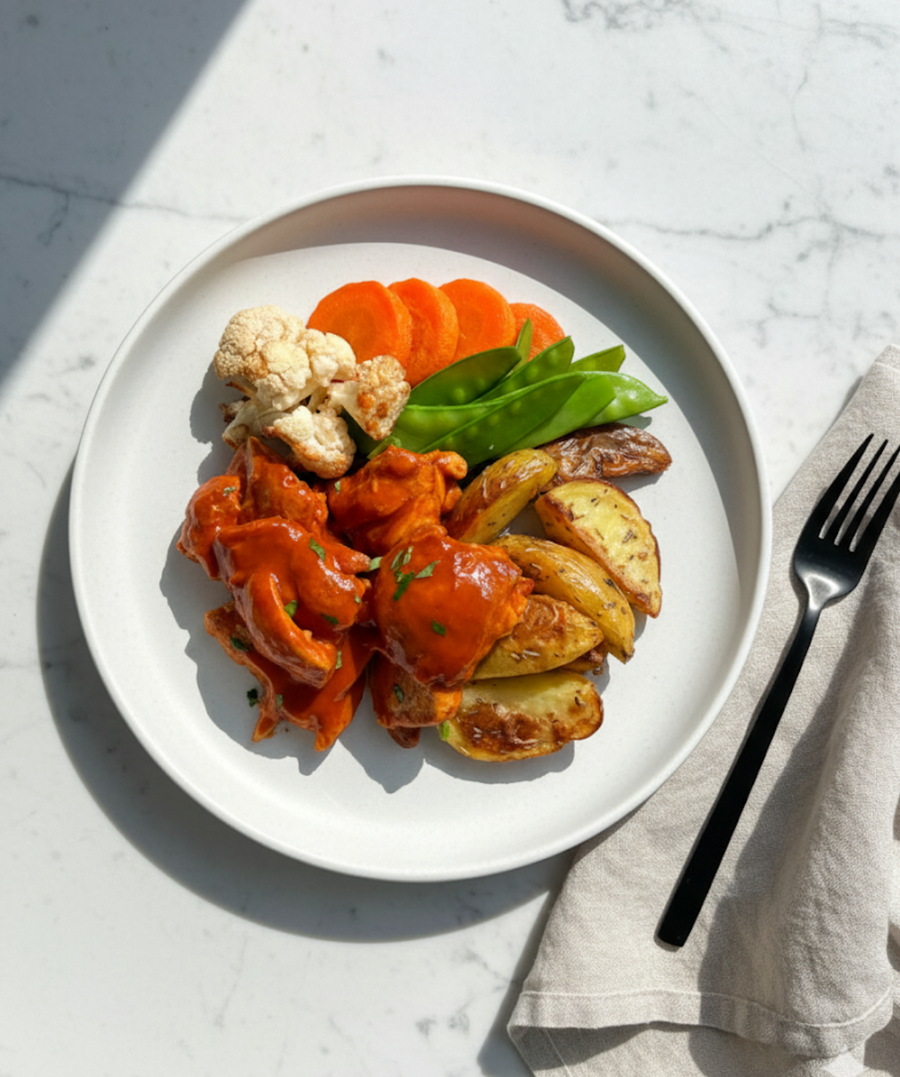 Buffalo Chicken with Roasted Cauliflower, Carrots, Snow Peas, Blue Cheese Buttermilk Dressing & Roasted Rosemary Potatoes (Signature)