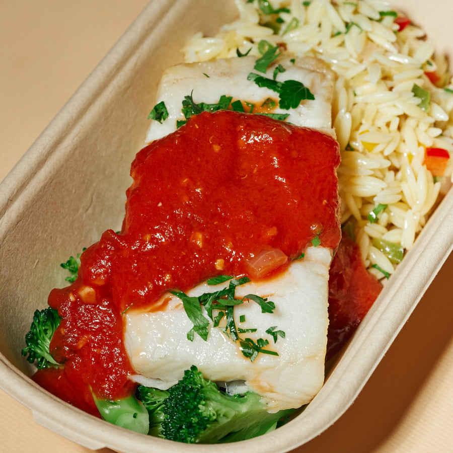 Roasted Halibut with Fresh Pea and Mint Pesto, Tomato Sugo, Steamed Broccoli & Vegetable Orzo