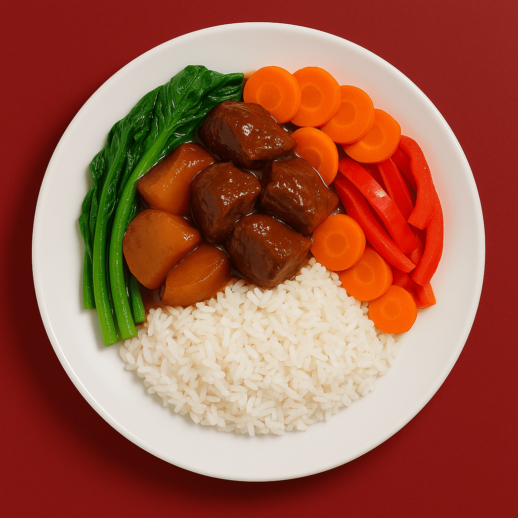 Cantonese Style Braised Beef and Radish with Kai Lan, Carrots, Red Peppers & Steamed Jasmine Rice