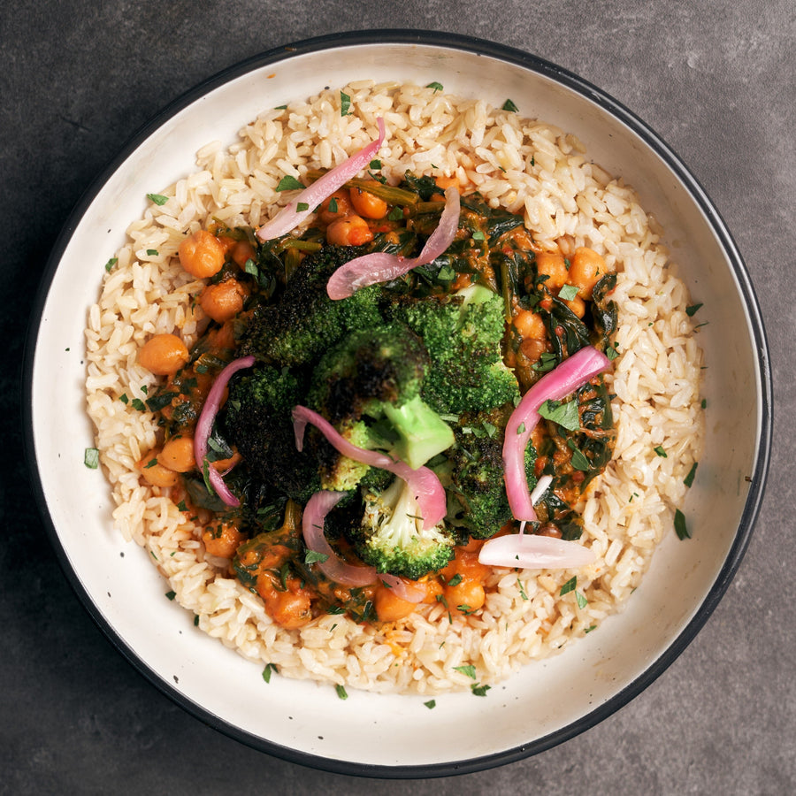 Chana Saag, Indian Chickpea & Spinach Curry with Roasted Broccoli & Thai Red Rice