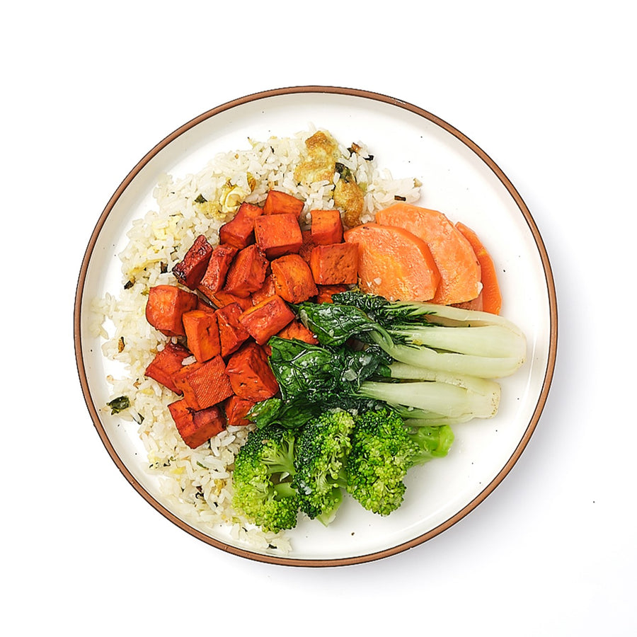 Char Siu Tofu with Mixed Asian Vegetables & Egg Fried Rice