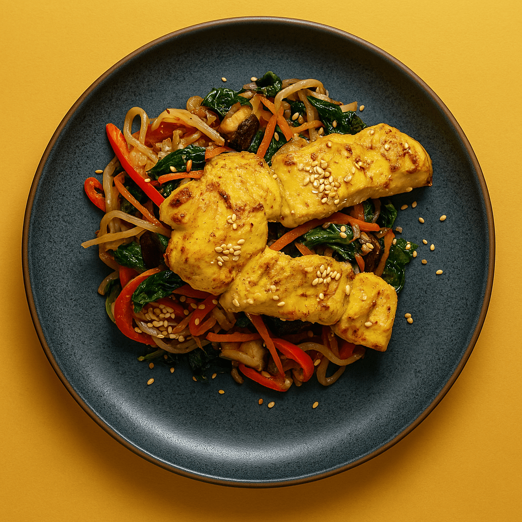 Satay Marinated Chicken with Steamed Broccoli, Satay Sauce & Pad Thai