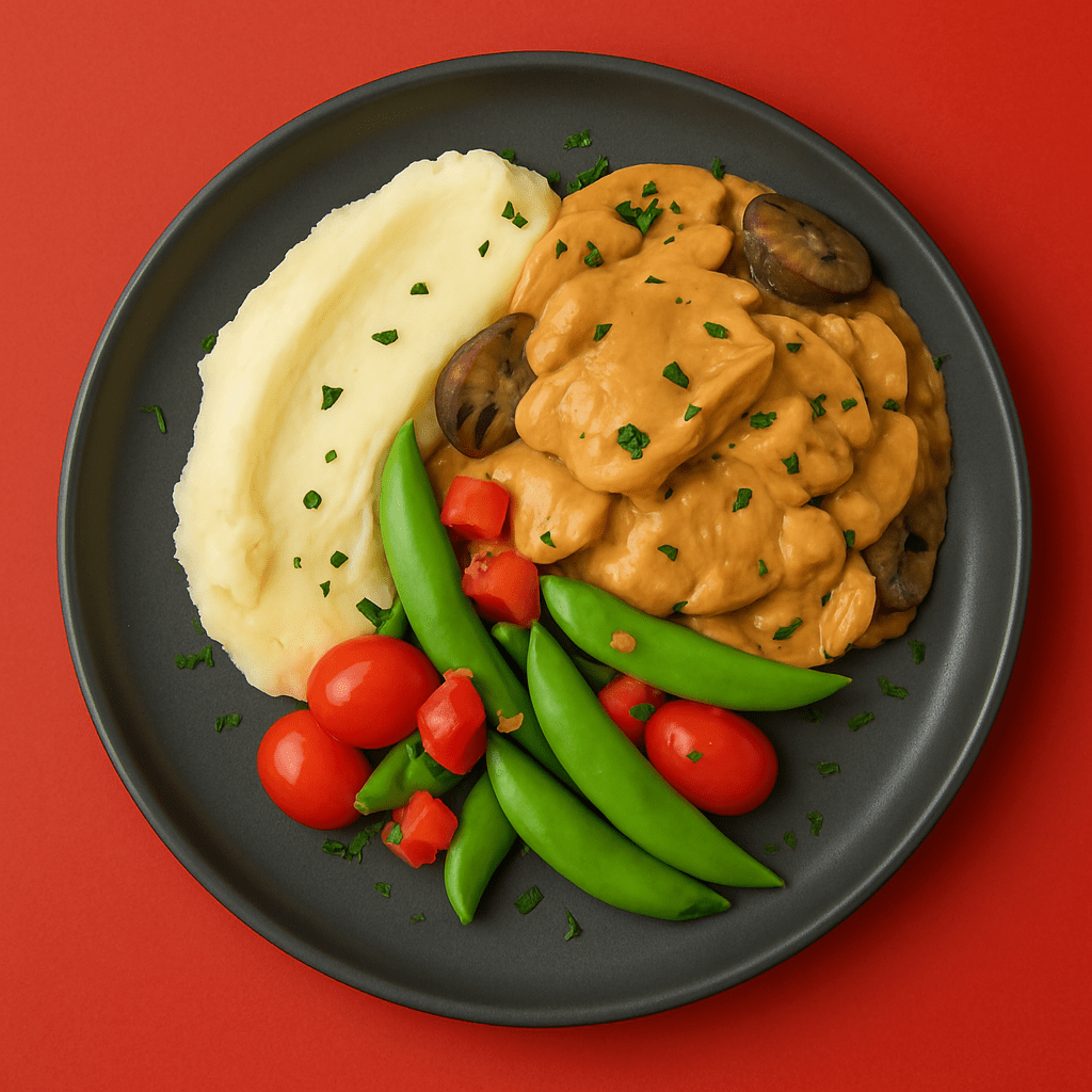 Chicken Chasseur Stew with Roasted Mushrooms, Red Peppers, Snow Peas & Mashed Potatoes