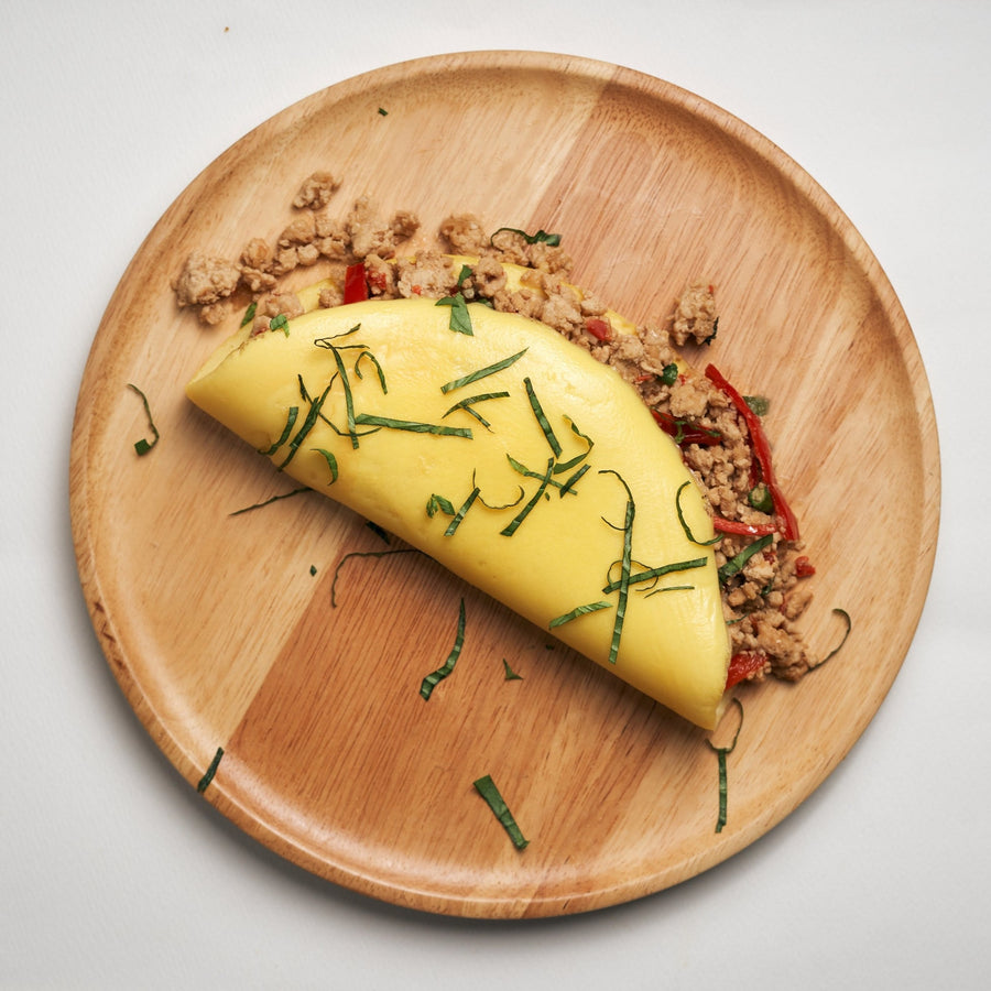 High Protein Chicken Kra Pao Omelette with Roasted Red Peppers & Thai Basil