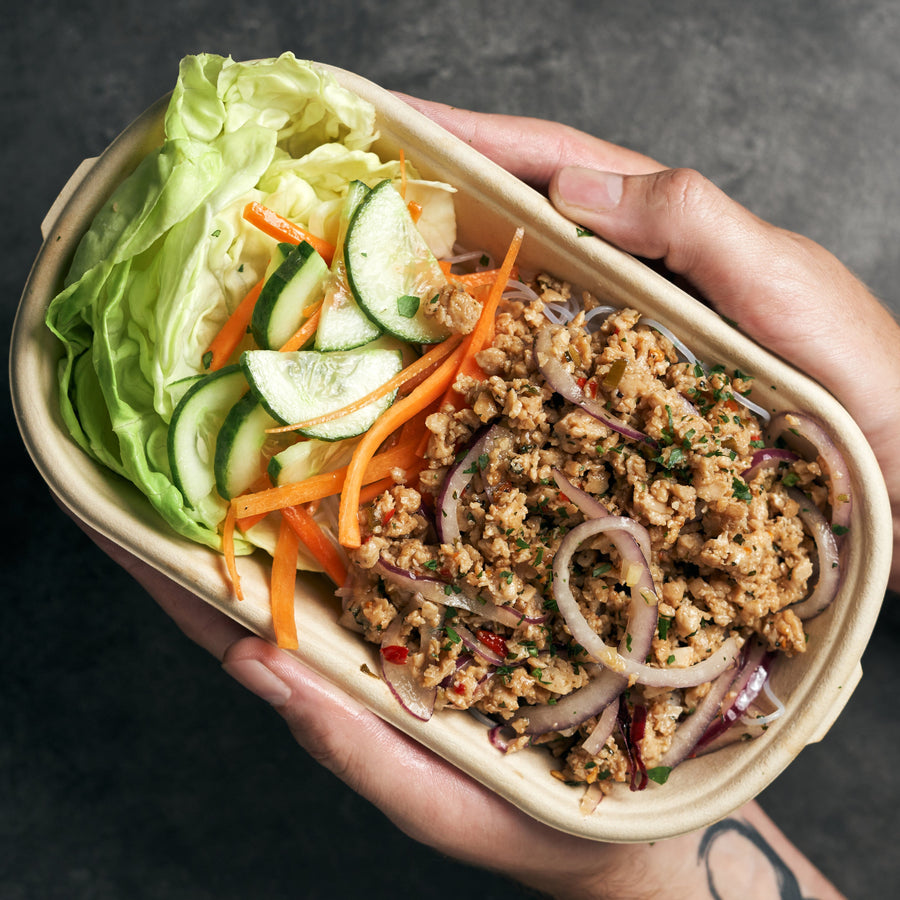 Healthy Chicken Larb Salad with Shredded Carrots, Sliced Cucumber, Larb Dressing & Glass Vermicelli