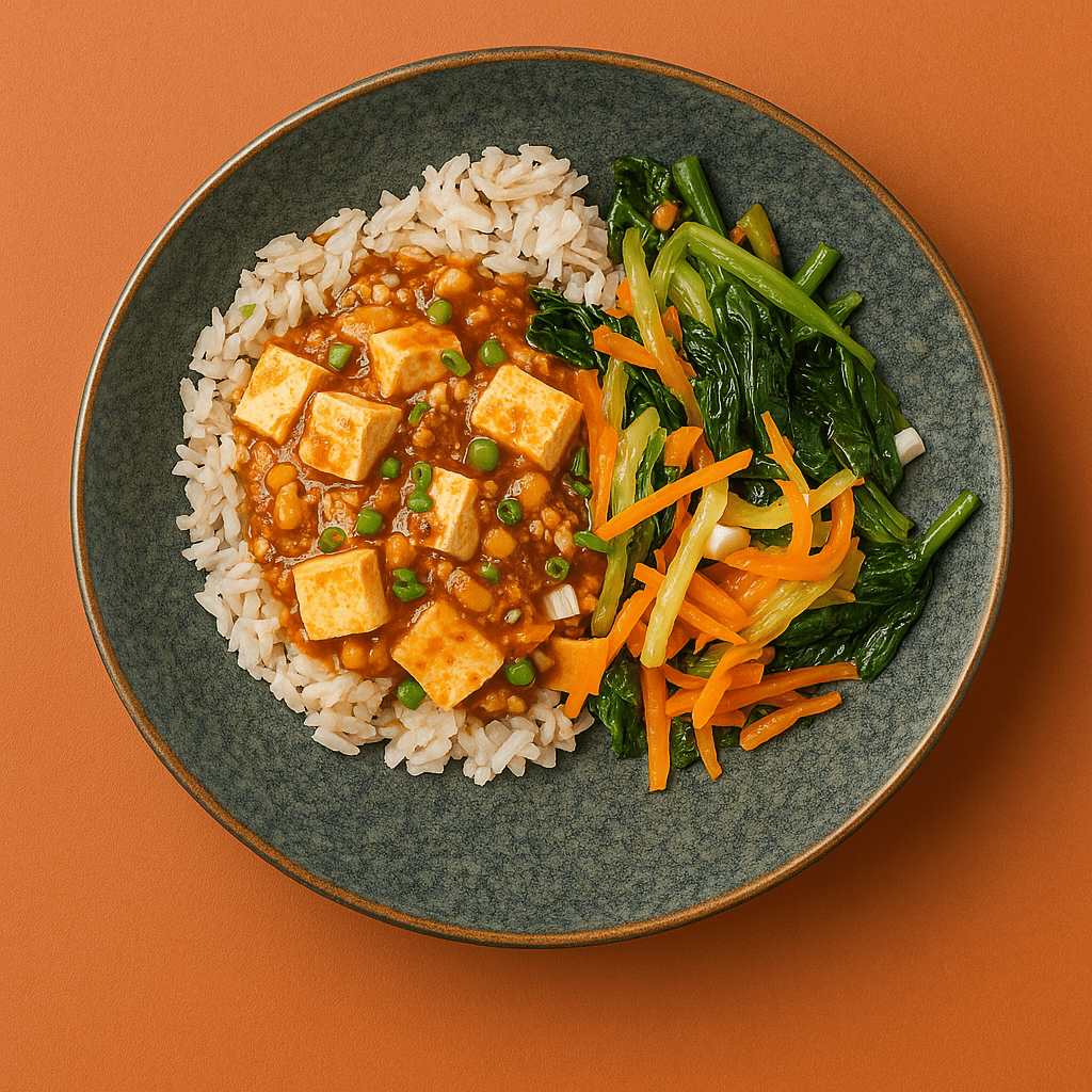 Chicken Ma-Po Tofu with Sauteed Cabbage, Bok Choy, Carrots, Green Beans & Steamed Brown Rice (Asian)