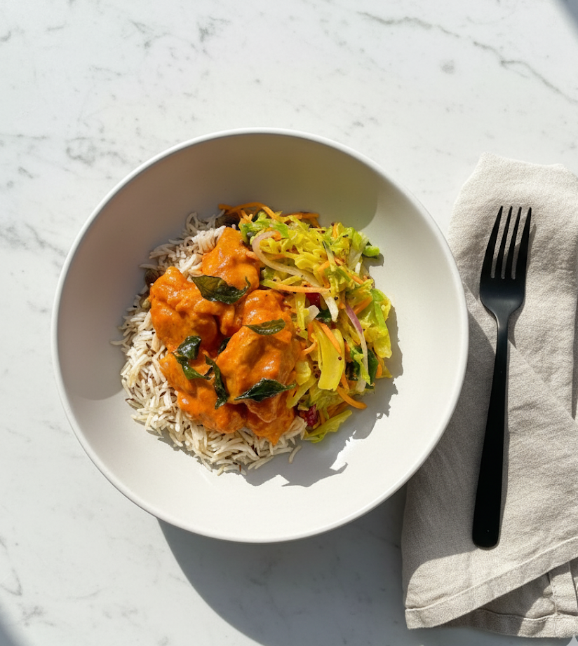 Chicken Vindaloo with Stir Fried Turmeric Cabbage & Steamed Jeera Rice