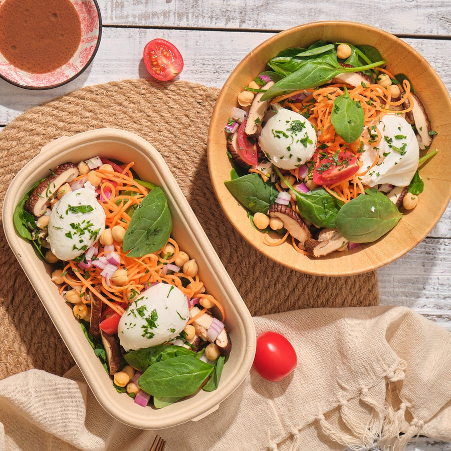 Chickpea and Spinach Salad with Shiitake Mushrooms, Poached Egg & Soy Truffle Vinaigrette