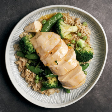 Citrus Glazed Sous Vide Chicken Breast with Steamed Green Vegetables & Thai Red Rice