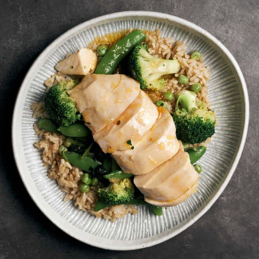 Citrus Glazed Sous Vide Chicken Breast with Steamed Green Vegetables & Steamed Thai Red Rice