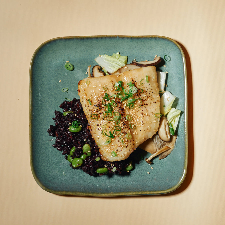 Miso Ginger Marinated Sole Fish with Napa Cabbage, Asian Mushrooms & Healthy Forbidden Rice with Edamame