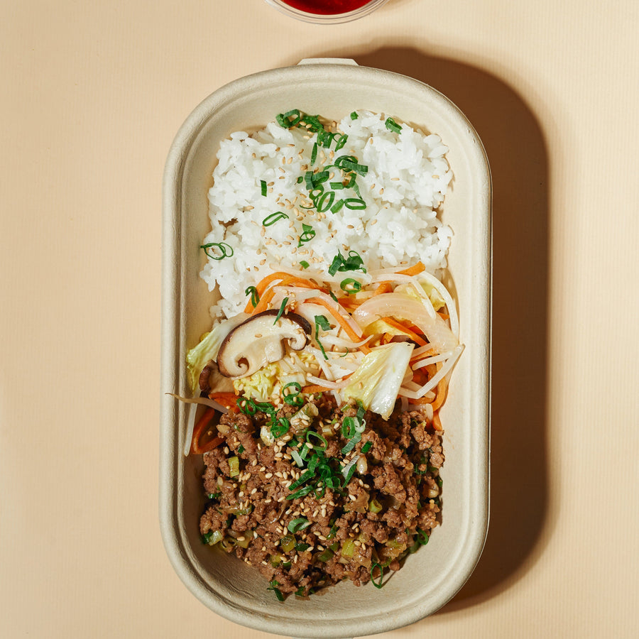 Healthy Bulgogi Plant-Based Beef Mince Bowl with Sauteed Vegetables, Gochujang Sauce & Sesame Rice