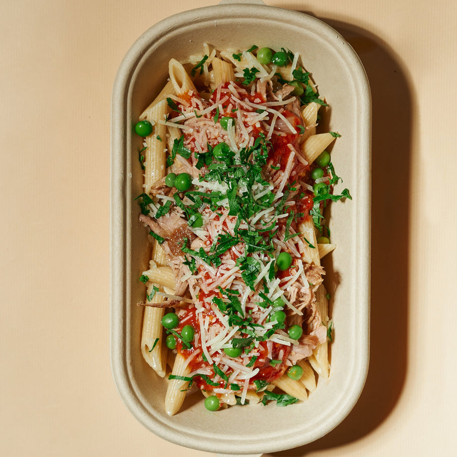 Slow Cooked Pasture Fed Lamb Ragu with Peas, Chili, Parmesan & Whole Wheat Penne