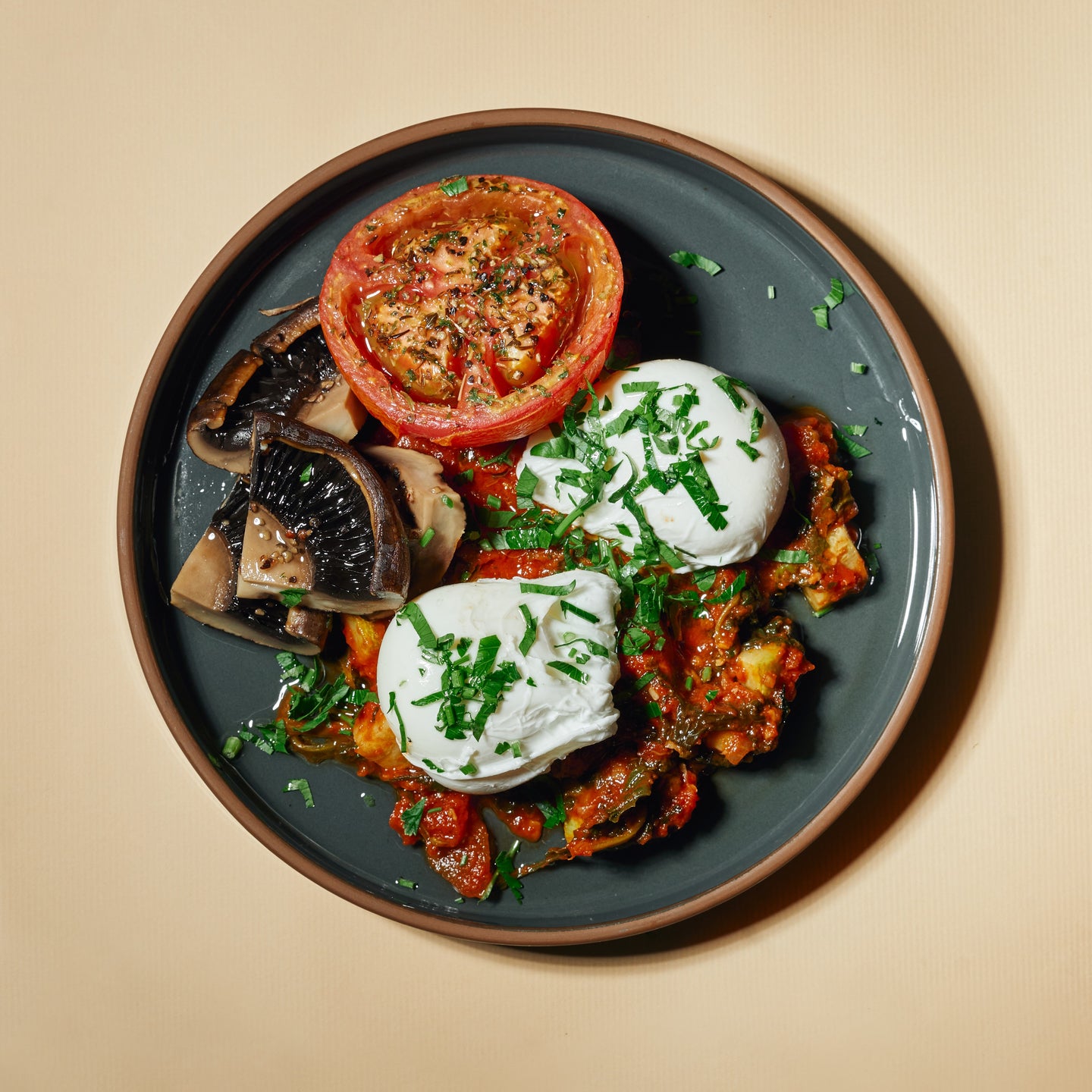 Poached Eggs in Moroccan Style Low Fat Tomato Sauce with Roasted Shiitake Mushrooms, Spinach & Zucchini