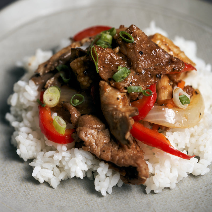 Stir Fried Black Pepper Beef with Seasonal Vegetables Steamed Jasmine Rice