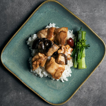Braised Chicken Thigh with Black Mushrooms, Chestnuts, Baby Choi Sum & Jasmine Rice
