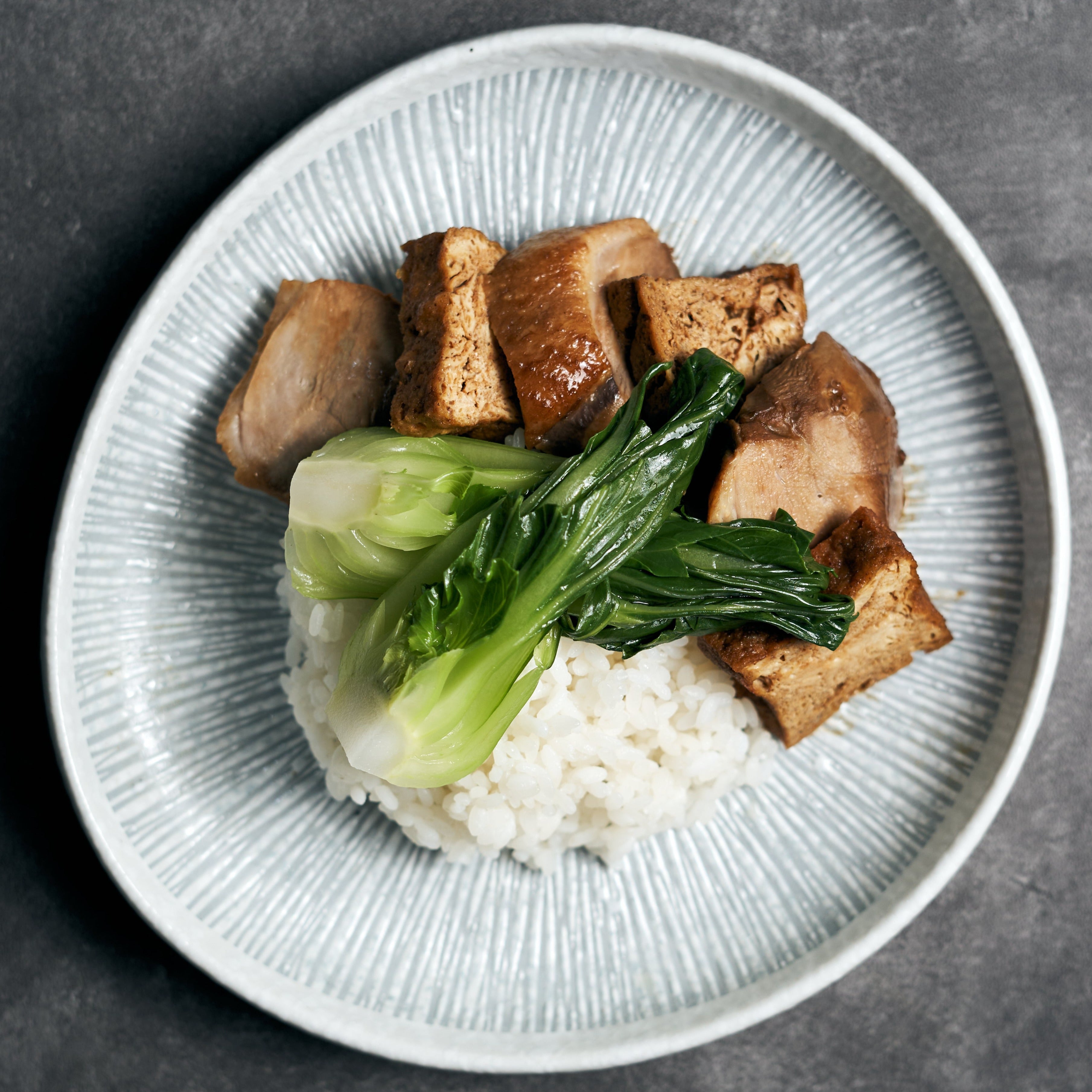 Soya Sauce Duck Breast with Tofu, Shanghai Brassica & Jasmine Rice
