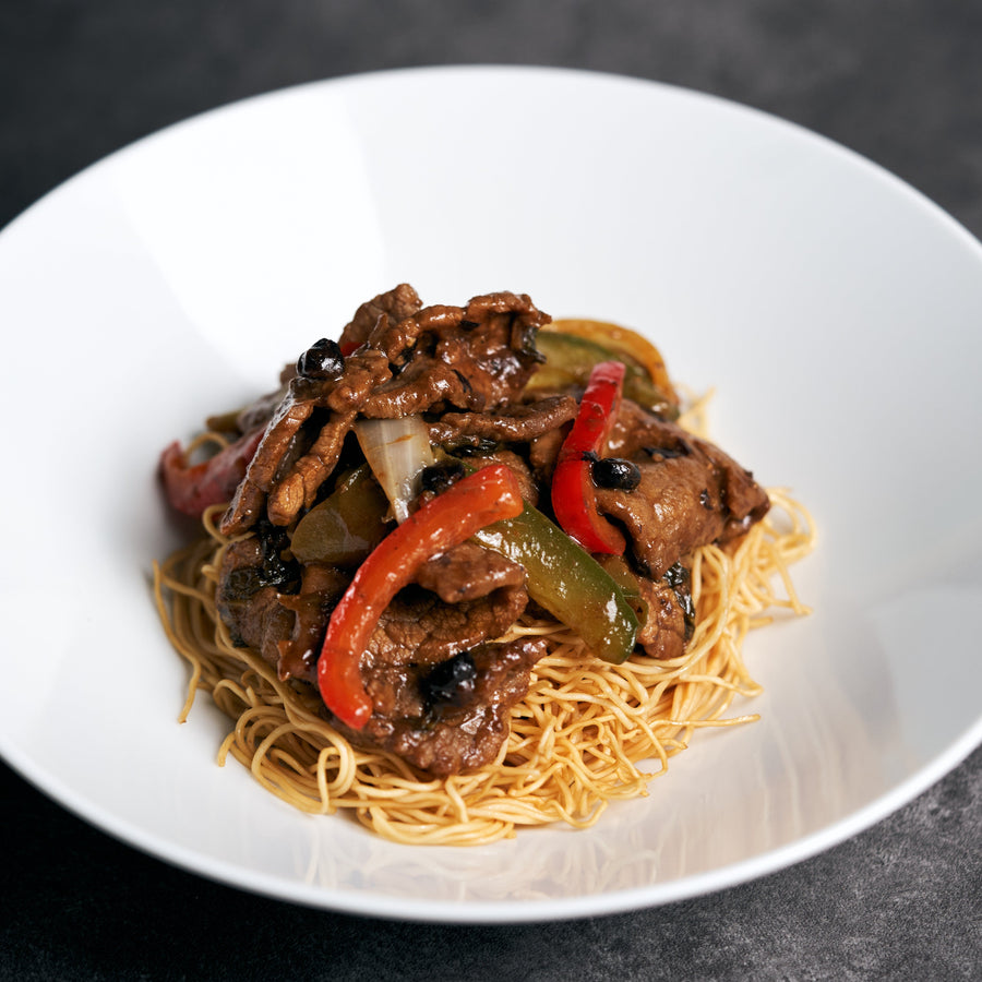 Stir Fried Beef Slice with Preserved Vegetable, Red and Green Bell Pepper in Fermented Black Bean & Vermicelli