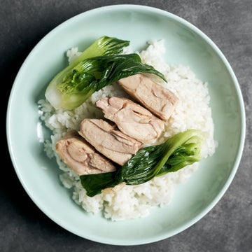 Slow Cooked Chicken Thigh with Sand Ginger, Steamed Choi Sum & Jasmine Rice