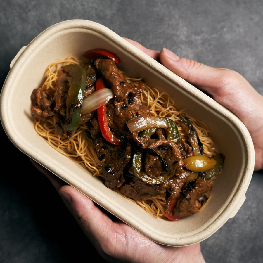 Stir Fried Beef Slice with Preserved Vegetable, Red and Green Bell Pepper in Fermented Black Bean & Vermicelli