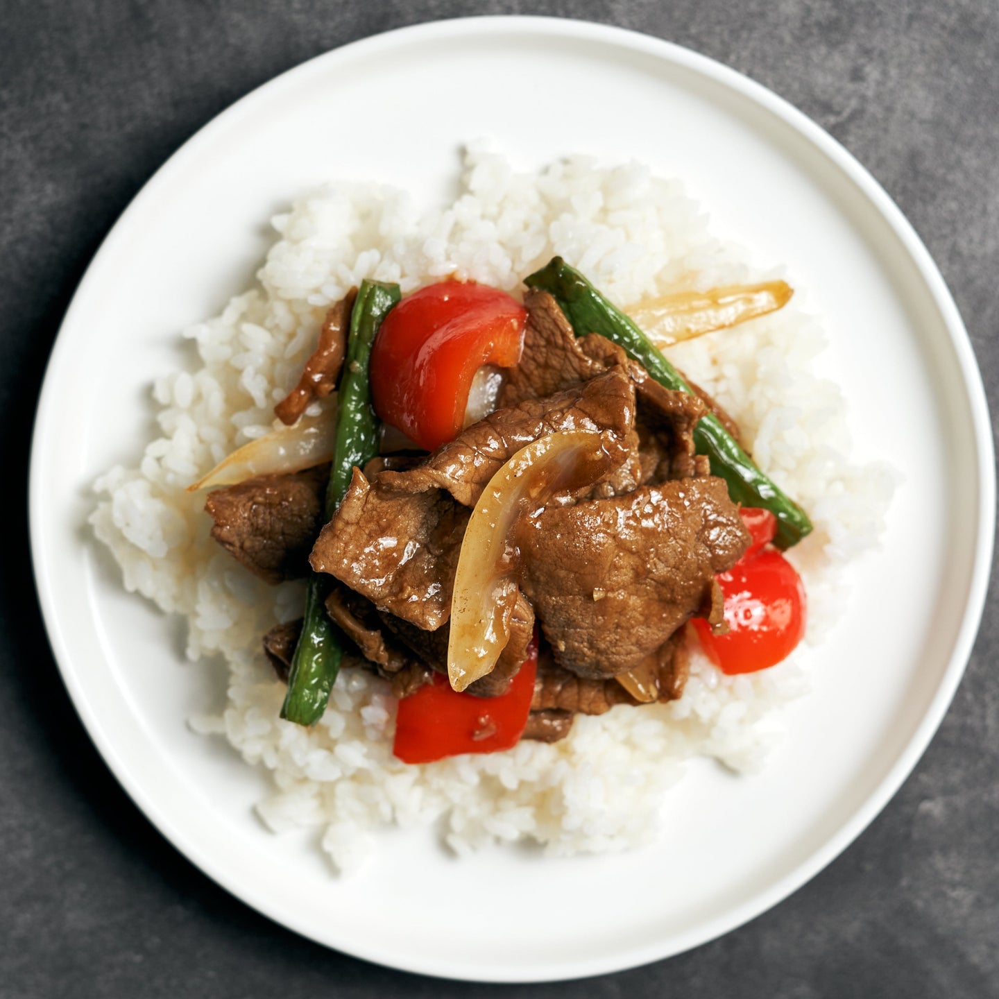 Sauteed Beef Tenderloin with Chinese Green Beans, Bell Peppers & Jasmine Rice