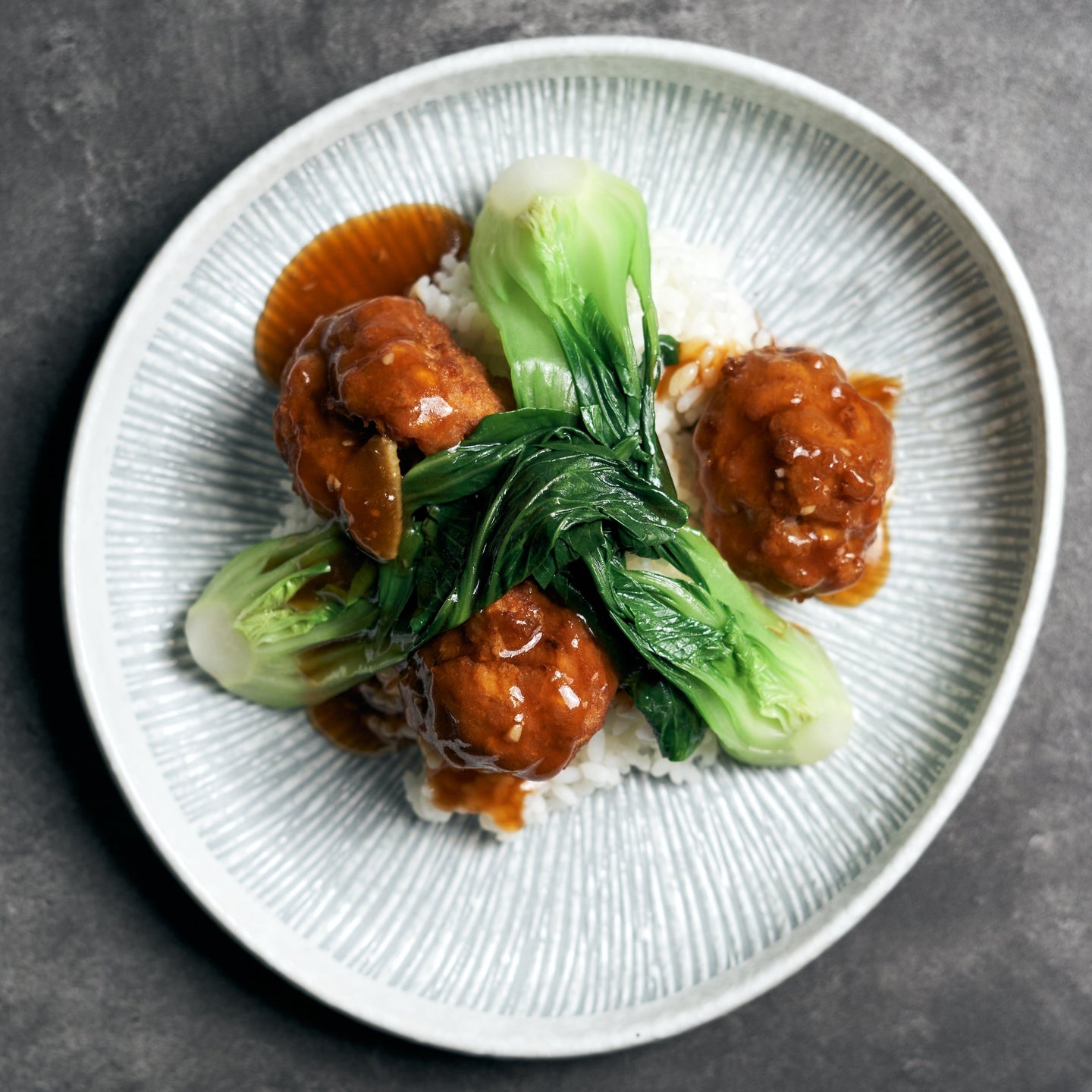 Braised Pork Meatballs in Brown Sauce with Pak Choi & Steamed Jasmine Rice