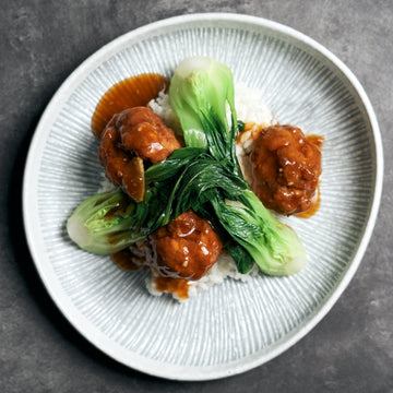 Braised Pork Meatballs in Brown Sauce with Pak Choi & Jasmine Rice