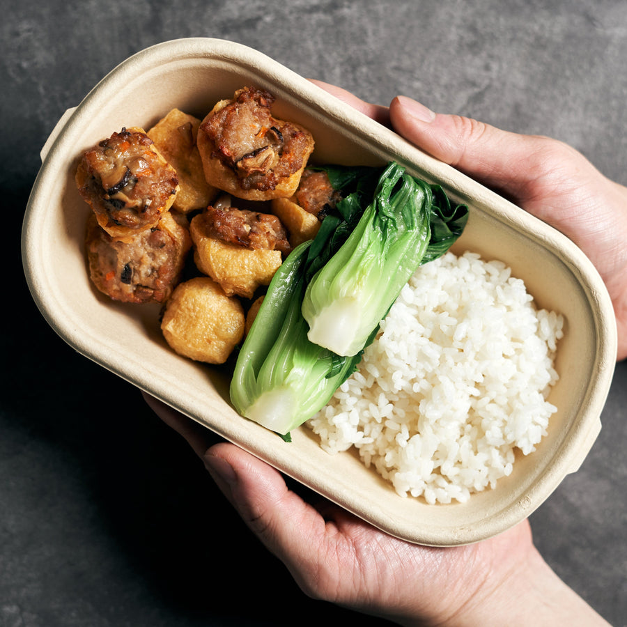 Stuffed Tofu In Hakka Style with Minced Pork, Shiitake Mushrooms & Jasmine Rice