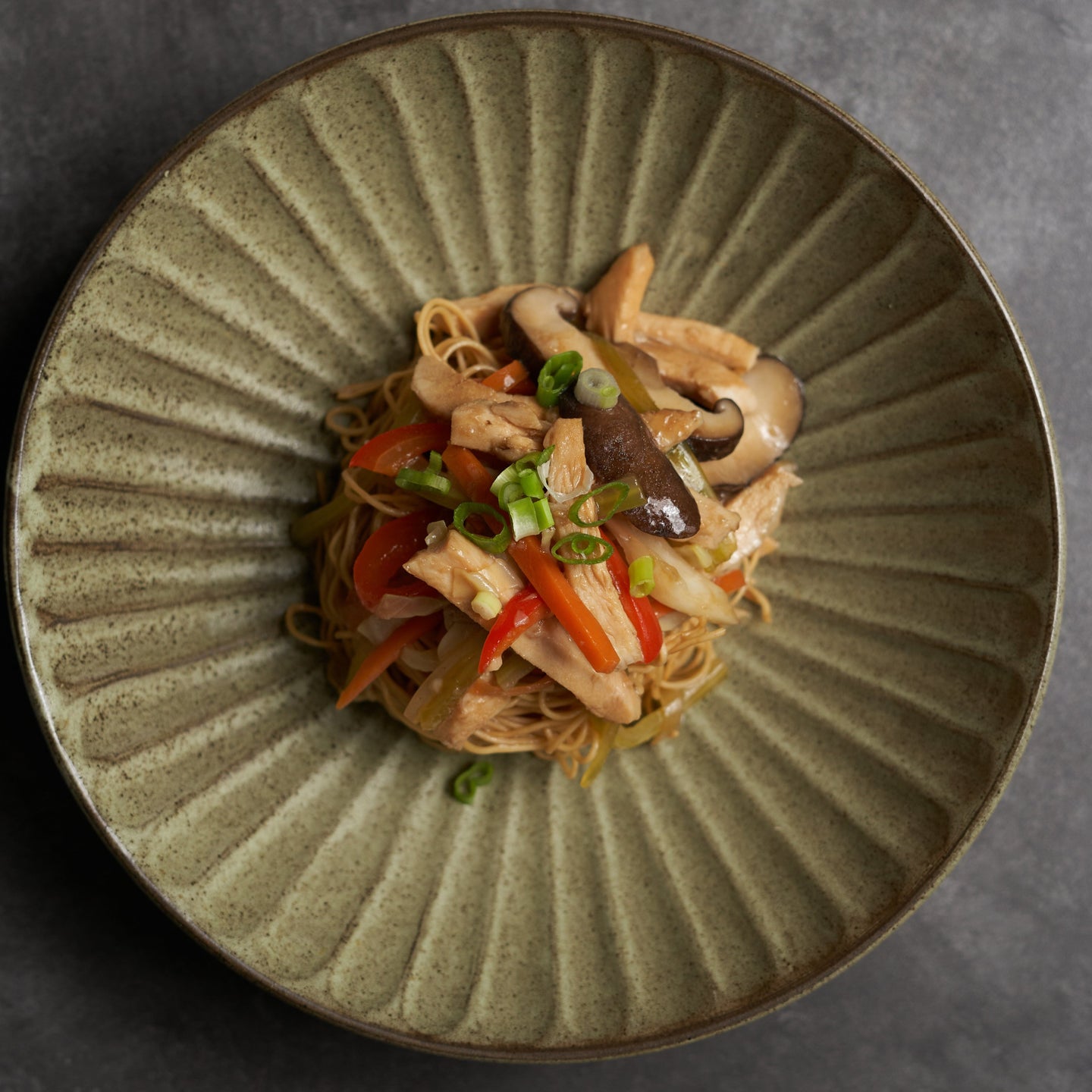 Stir Fried Pork with Shiitake Mushrooms, Red Peppers & Egg Noodles