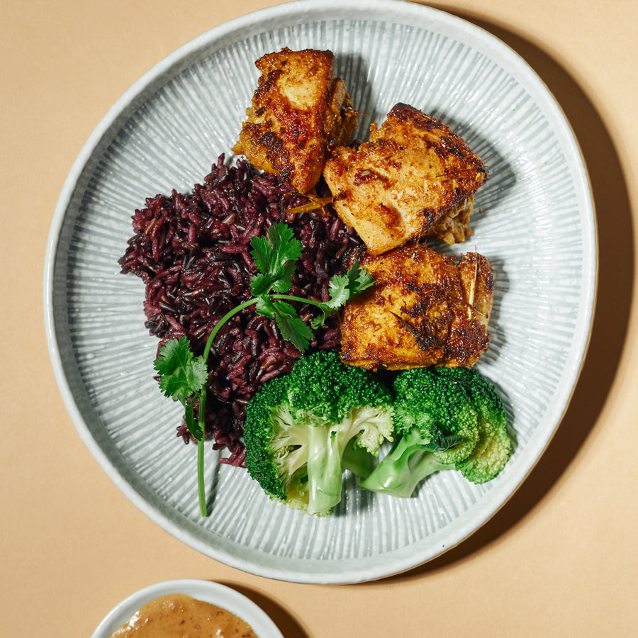 Satay Marinated Chicken with Steamed Broccoli, Satay Sauce & Healthy Steamed Riceberry Jasmine Rice