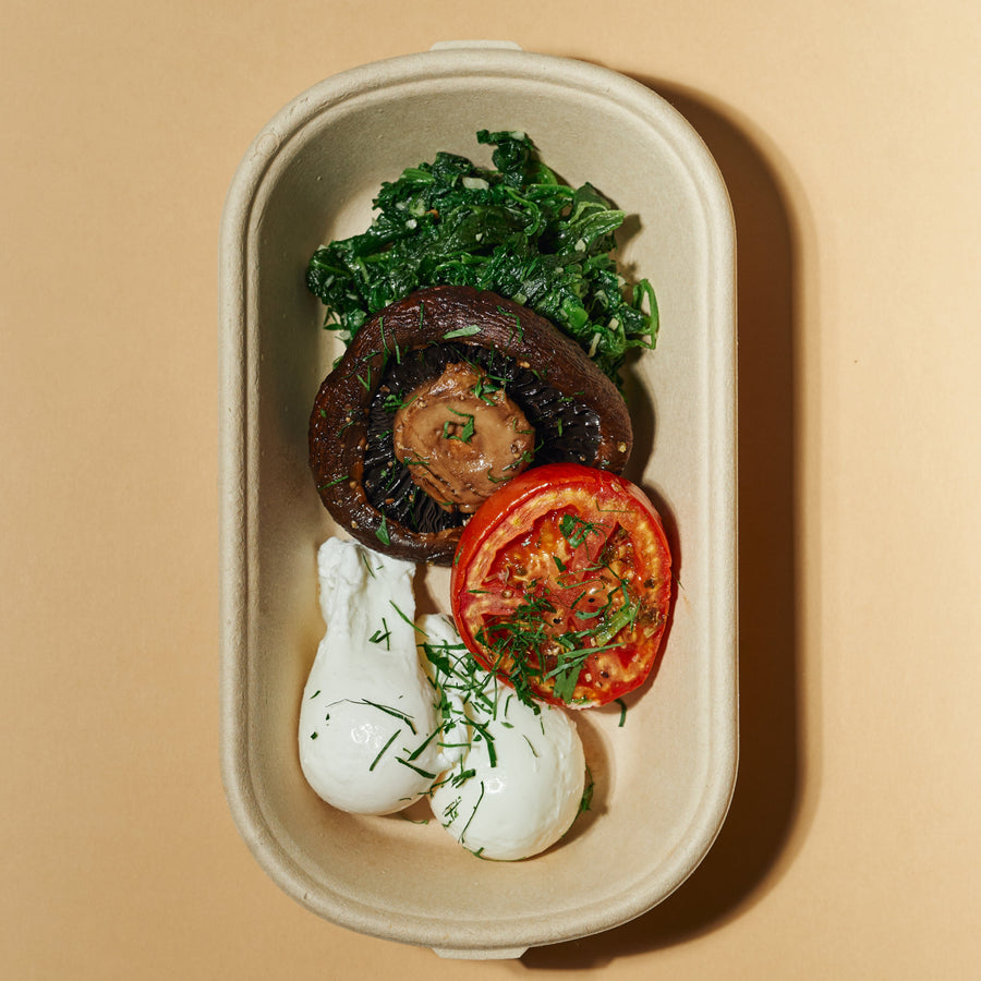 Poached Eggs and Roasted Portobello Mushrooms with Spinach, Roasted Tomato & Chimichurri