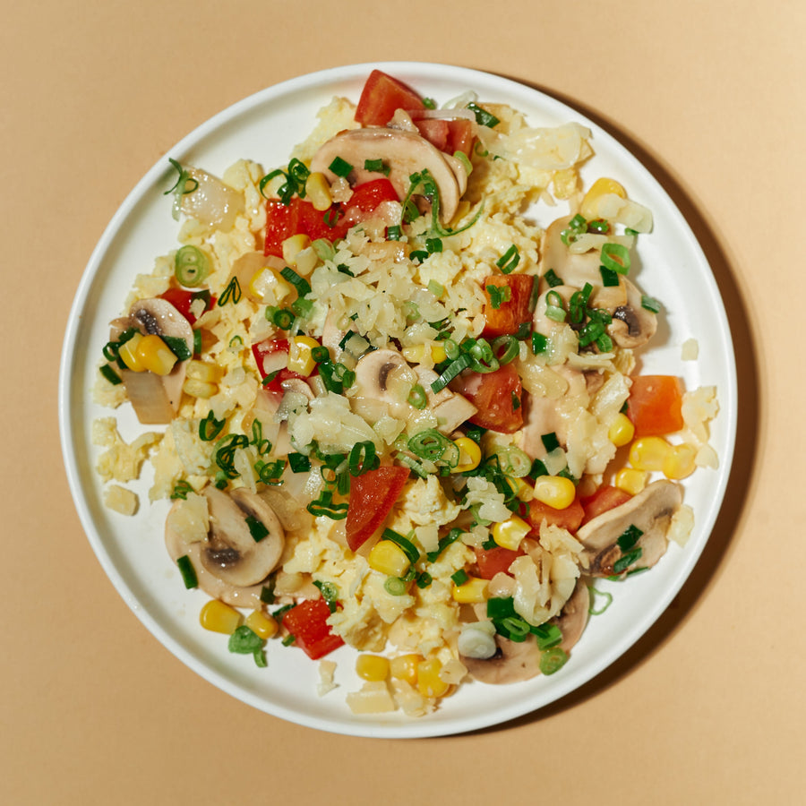 Loaded Scrambled Eggs with Mushrooms, Tomatoes, Peppers, Corn & Cheese