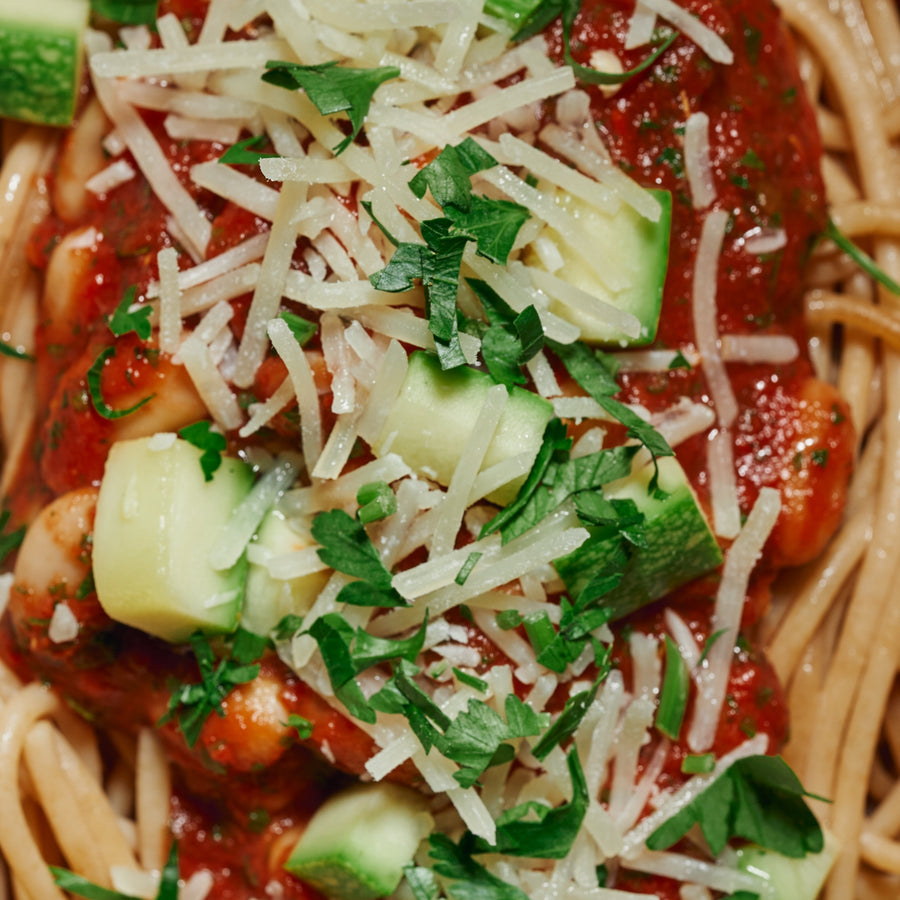 Healthy Cannellini Bean Ragu with Zucchini & Wholewheat Spaghetti