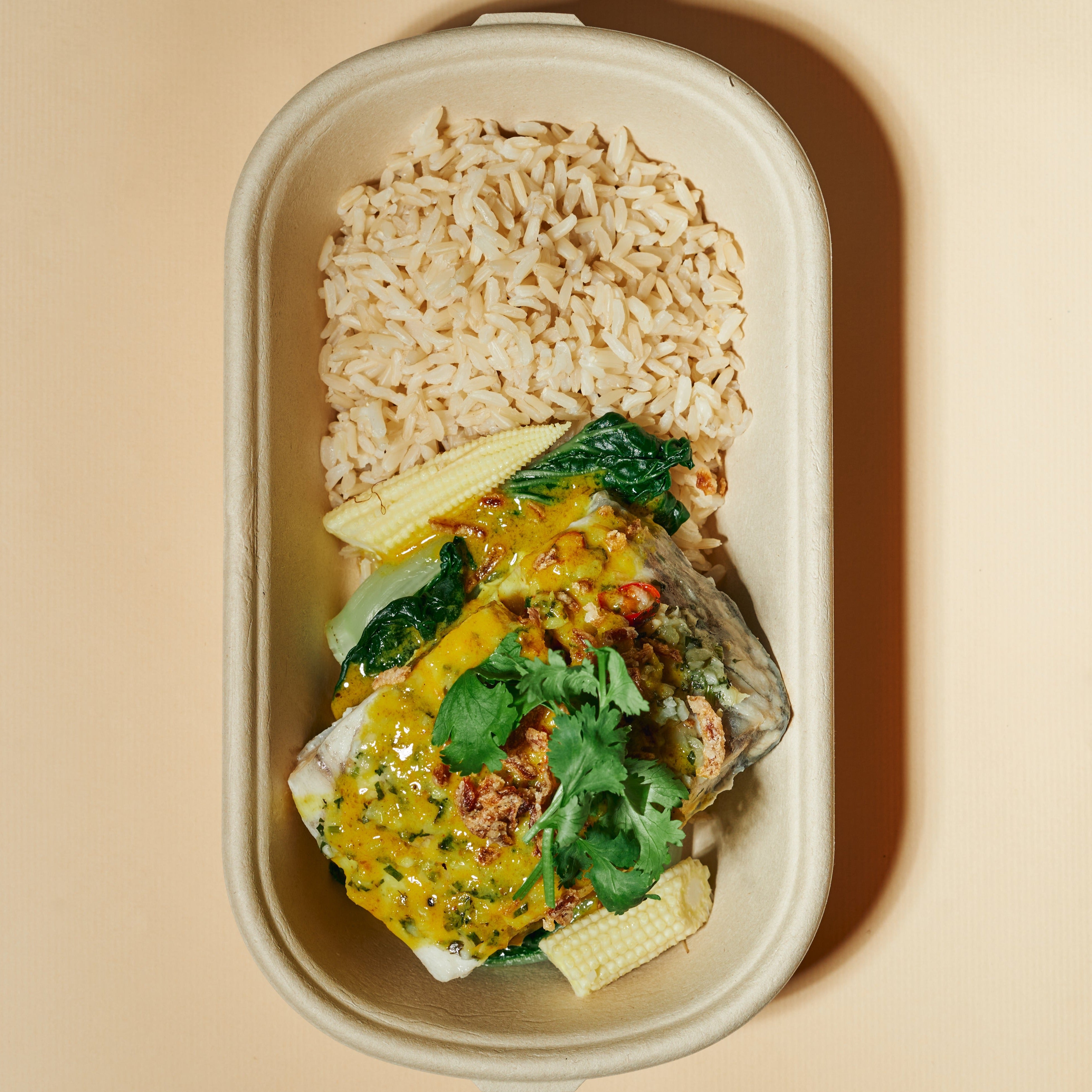 Steamed Barramundi with Lite Coconut Yellow Curry Sauce, Steamed Green Nutrition Kitchen HK