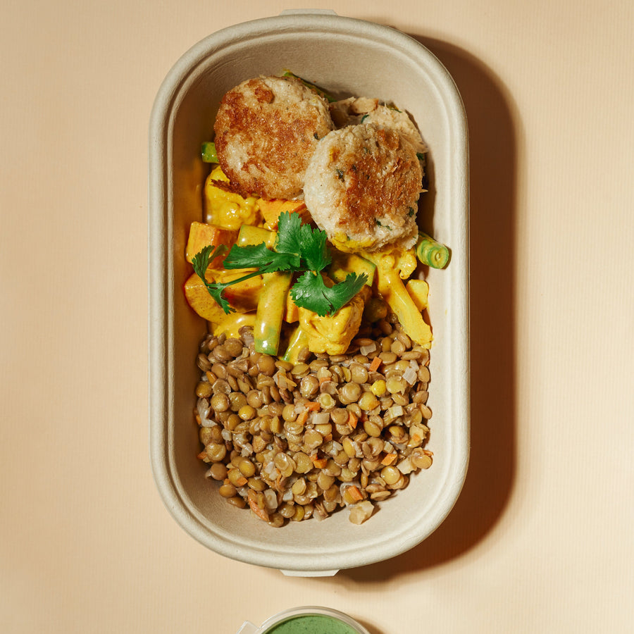 Plant-Based Meatballs with Stir Fried Market Vegetables, Mint Yogurt & Braised Lentils