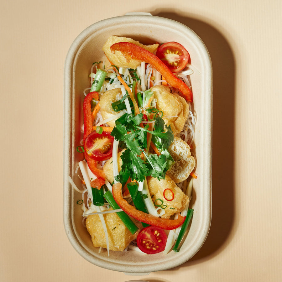 Healthy Thai Green Papaya Salad with Tofu Puff, Nahm Jim & Vermicelli Noodles