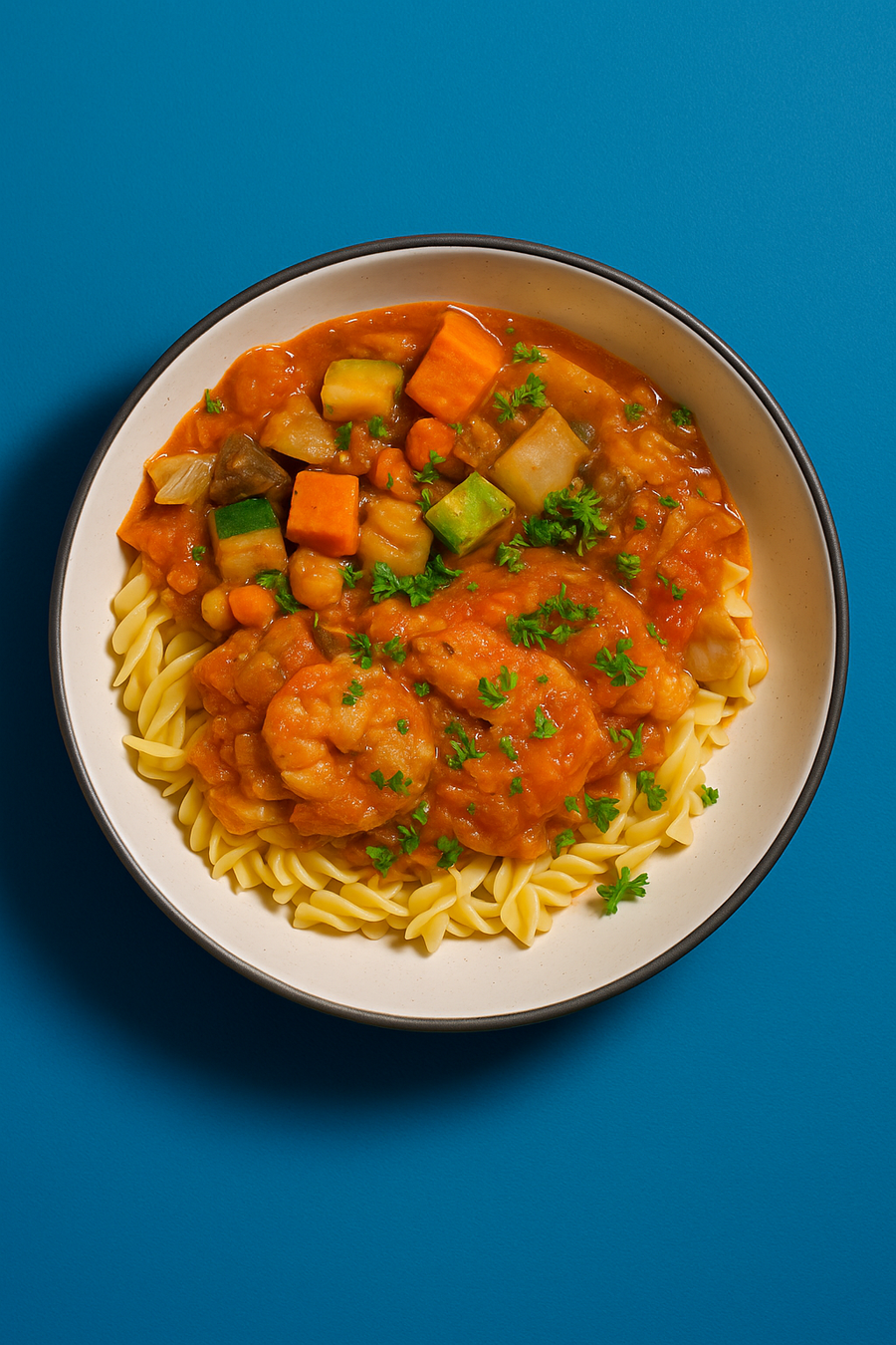 Seafood Stew with Roasted Zucchini, Roasted Eggplant & Chickpeas