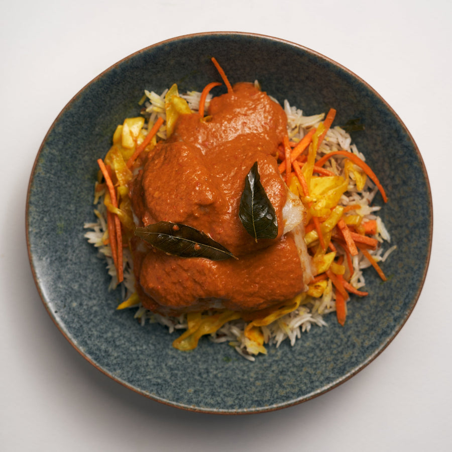 Plant-Based Fish Vindaloo with Stir Fried Turmeric Cabbage & Steamed Jeera Rice