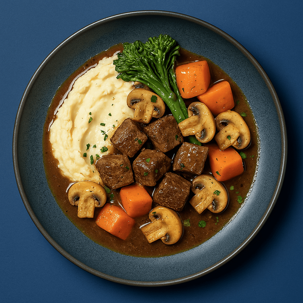 Classic French Beef Bourguignon with Pearl Onions, Roasted Root Vegetables & Mustard Mashed Potatoes