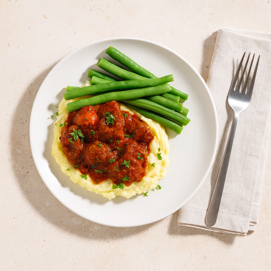 Hungarian Beef Goulash with Sauteed Green Bean, Carrot & Mashed Potato