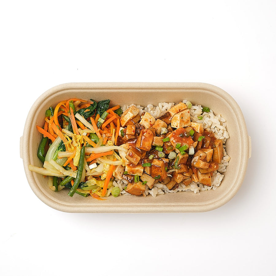 King Oyster Mushroom Ma-Po Tofu with Sauteed Cabbage, Bok Choi, Carrots, Green Beans & Steamed Brown Rice