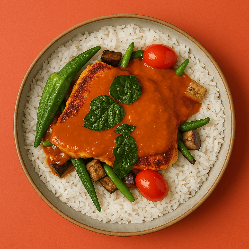 Malaysian Assam Fish Curry with Eggplant, Long Beans, Okra & Steamed Jasmine Rice