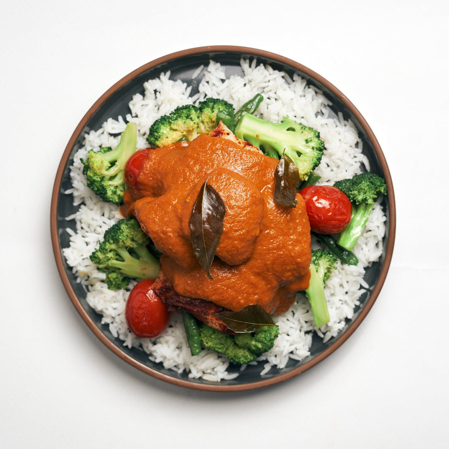 Malaysian Assam Fish Curry with Steamed Broccoli Florets, Long Beans & Steamed Jasmine Rice