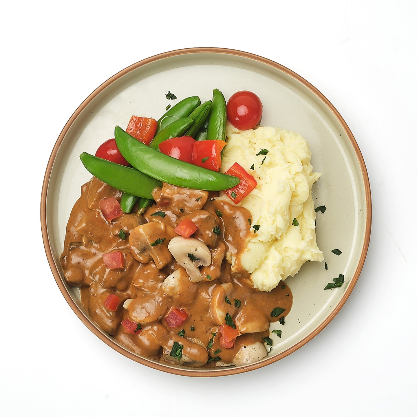 Mixed Mushroom Chasseur Stew with Red Peppers, Snow Peas & Mashed Potatoes