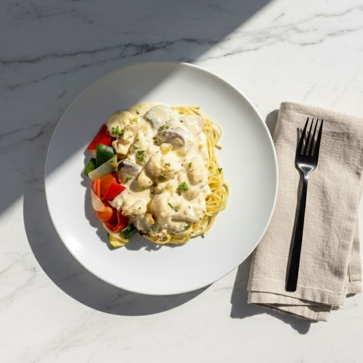 Cauliflower & Mushroom Alfredo Pasta With Roasted Vegetables