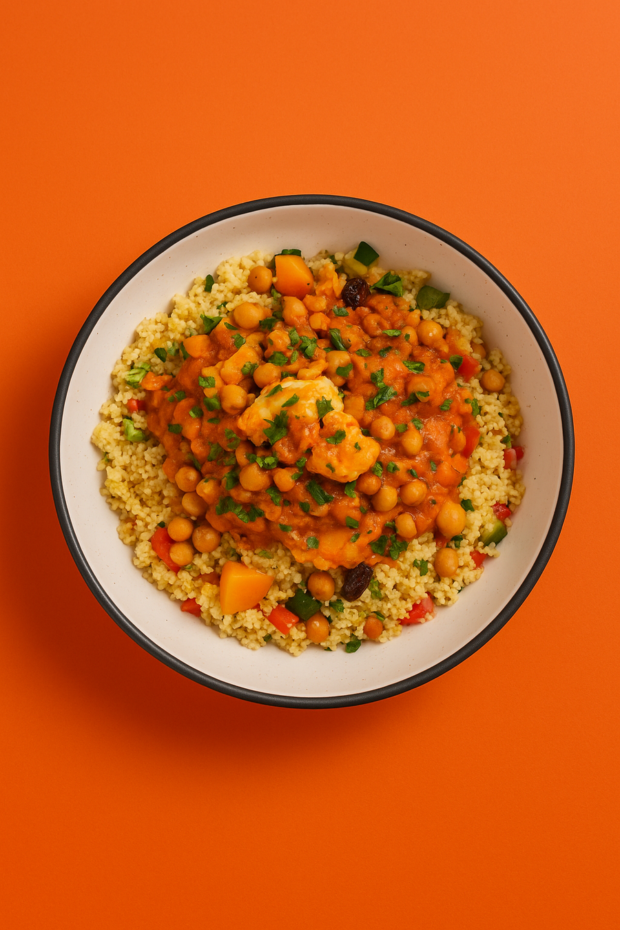 Moroccan Chicken and Chickpea Stew with Roasted Vegetables & Rasin Cauliflower Rice