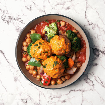 Moroccan Omni Meatballs with Roasted Red Pepper Sauce & Chickpea Stew