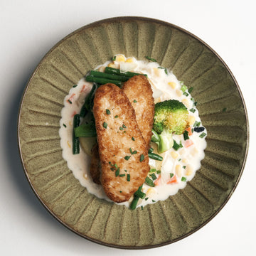 Roasted Omni Fish with corn Chowder Sauce, Mixed Green Vegetables & Steamed Potatoes with Scallion