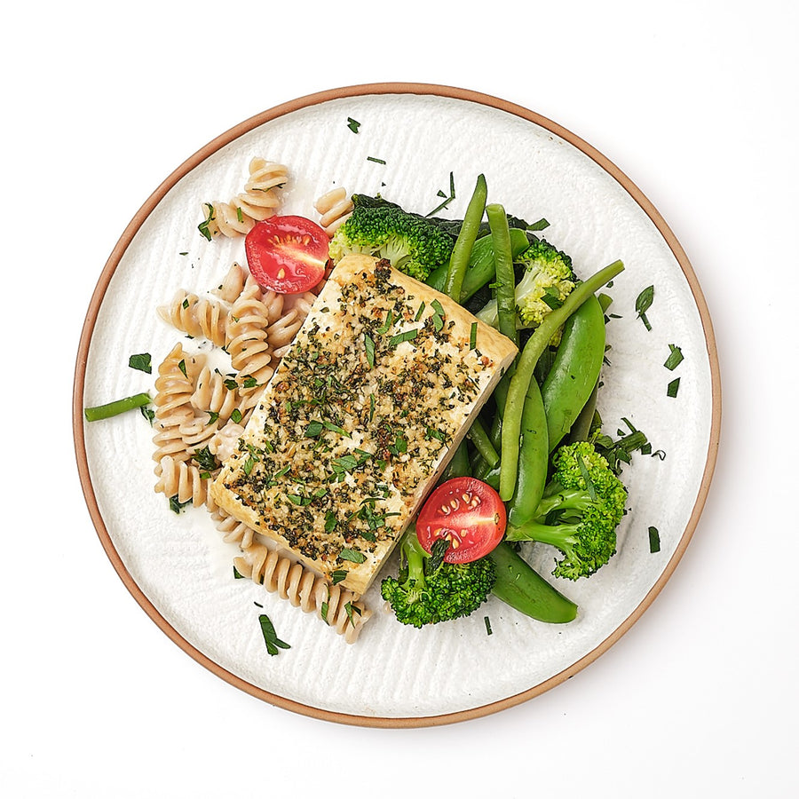 Oven Baked Garlic and Parmesan Tofu with Sauteed Green Market Vegetables & Lemon Fusilli